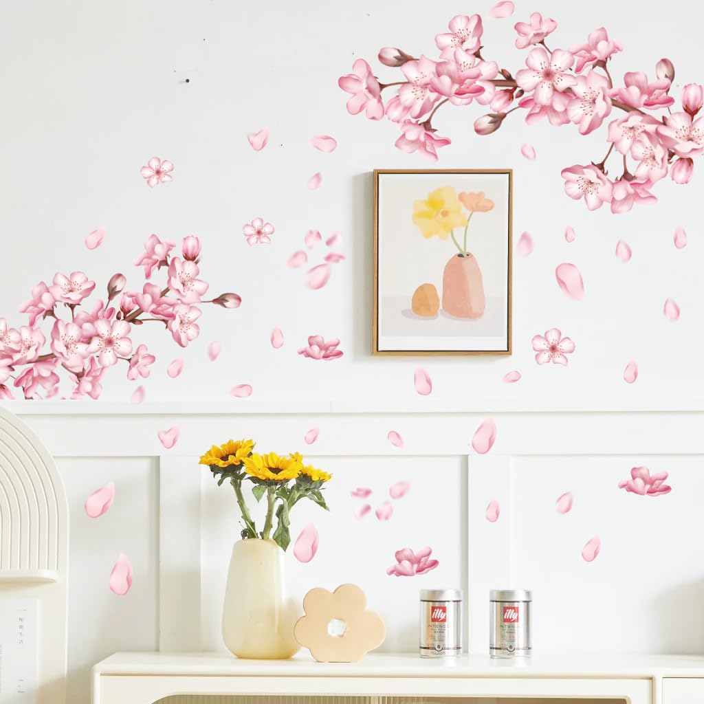 FUFUQUARE Peach Blossom Tree Wall Decal Pink Floral Branch Wall Art Decals Removable Vinyl Peel and Stick Decor for Girls Nursery Bedroom Living Room