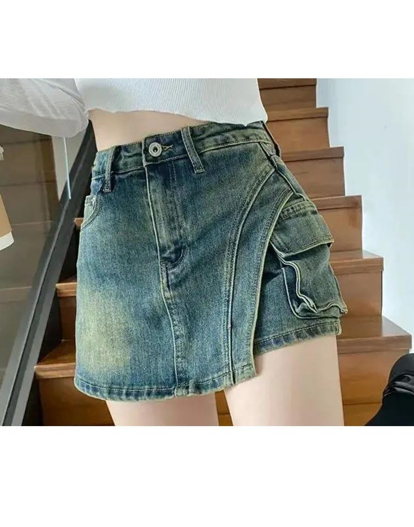 Gonna corta da donna irregolare in denim, estiva, a vita alta, aderente, avvolgente