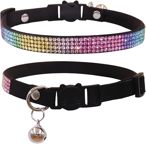 THAIN Bling cat Collar de gatito Rainbow Rhinestone Breakaway Diamond con campana Terciopelo suave liberación rápida (negro)