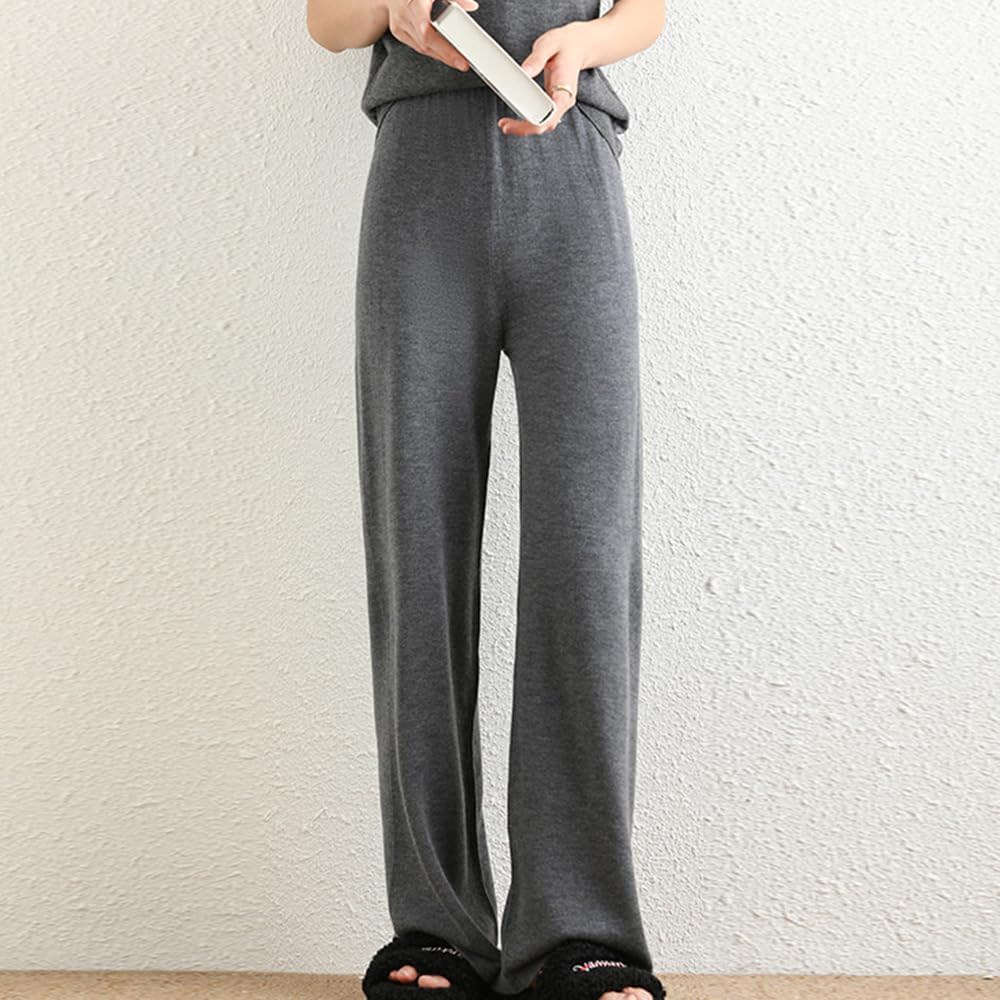 Women's Summer 100% Merino Wool Wide Leg Pants Solid Elastic High Waist Knit Lounge Trousers Casual Lightweight - Image 2