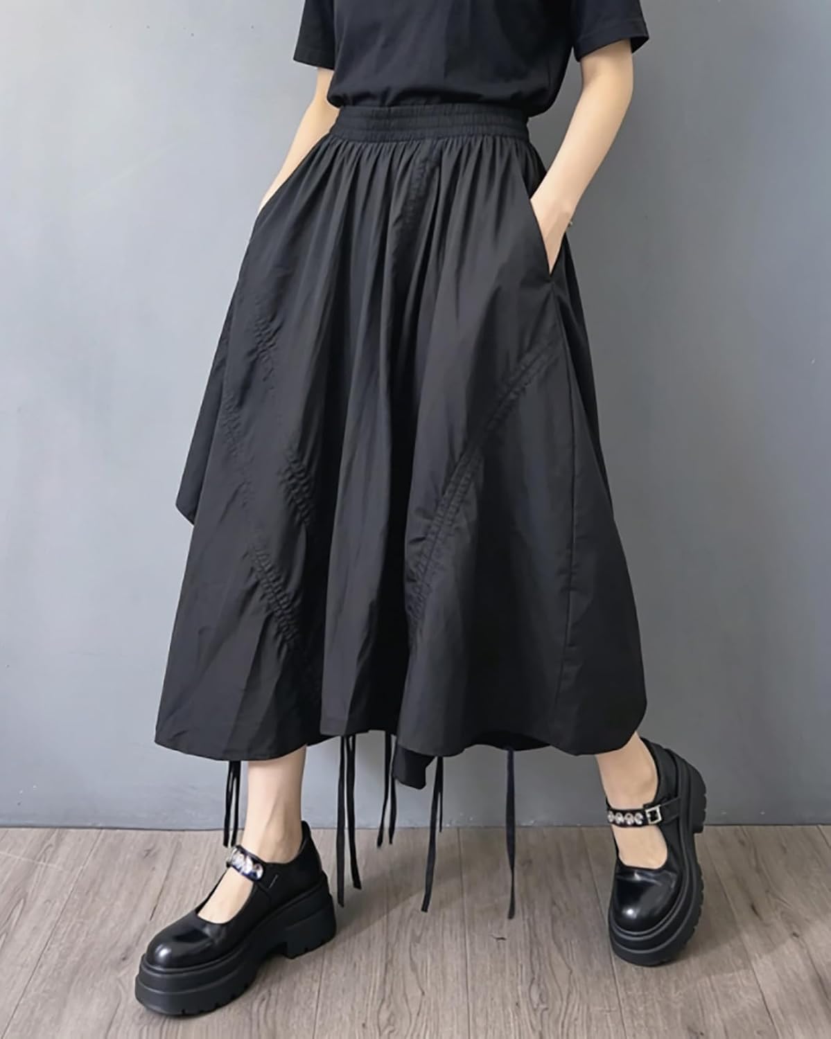 ellazhu Women’s Asymmetrical Midi Skirt Drawstring Ruched Elastic Waist Plus Size A Line Pockets Gothic GZ922 A