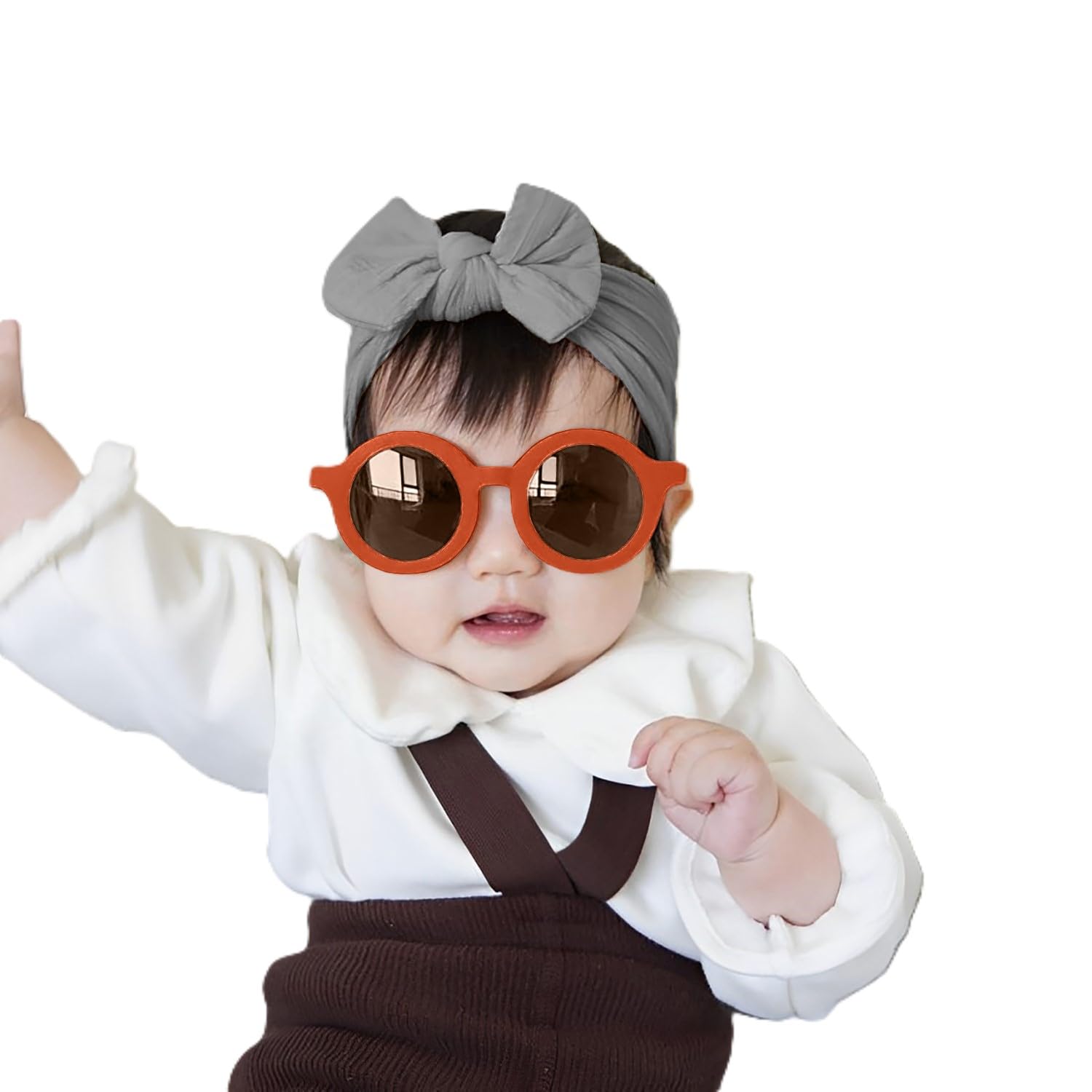 SYGA Baby Bow Jacquard Stretchable Headband With Uv Protection Round Sunglasses Stylish Combo For Toddlers And Kids (Gray, Brown Frame, Free Size)-image-35