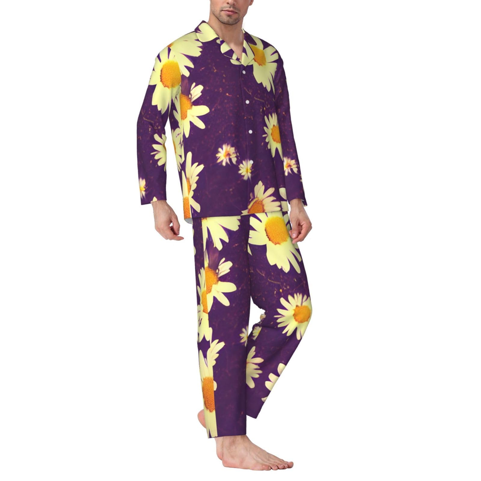 Herren-Pyjama-Set, langärmelig, Gänseblümchen, Violett, Blumendruck, zweiteilig, Hauskleidung, bequeme Nachtwäsche