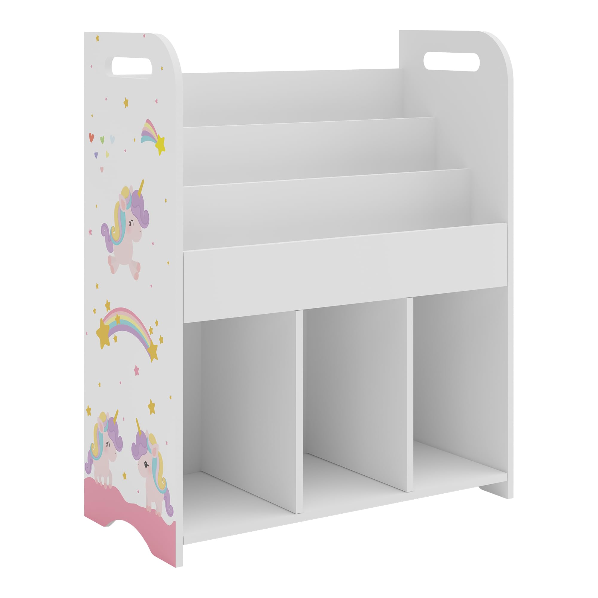 [en.casa] Regał dziecięcy Røyrvik regał na książki dla dzieci z 6 otwartymi półkami, regał na zabawki 75 x 62 x 29 cm, przechowywanie zabawek, motyw jednorożca