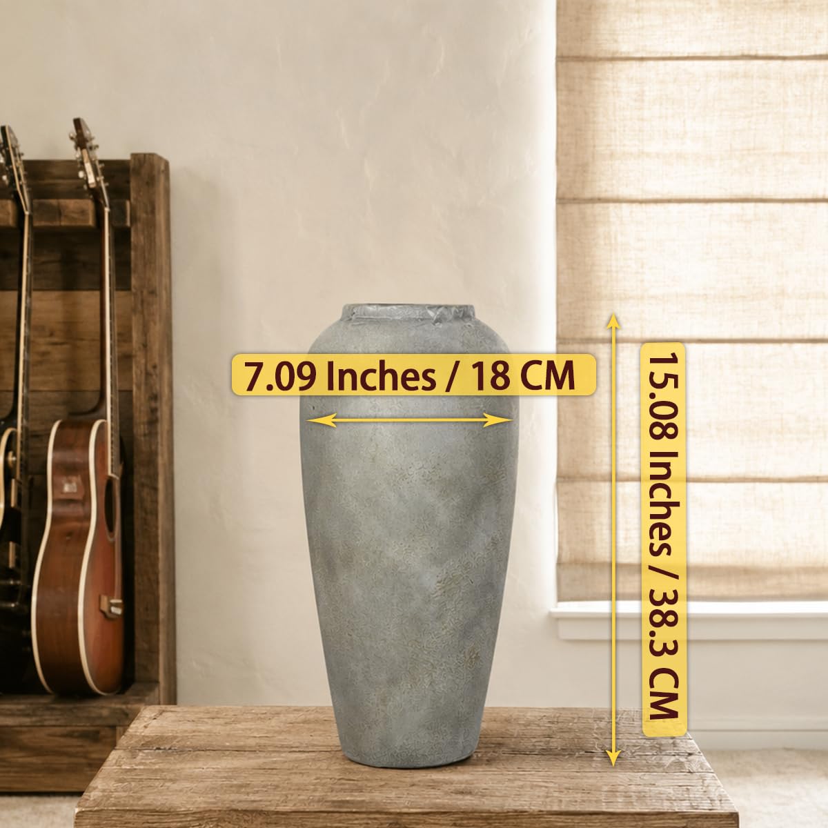Jarrón de cerámica rústico gris blanco para sala de estar, jarrón grande de estilo vintage de 38 cm para mesa de comedor de 15 pulgadas gris blanco, regalo de boda y inauguración de la casa