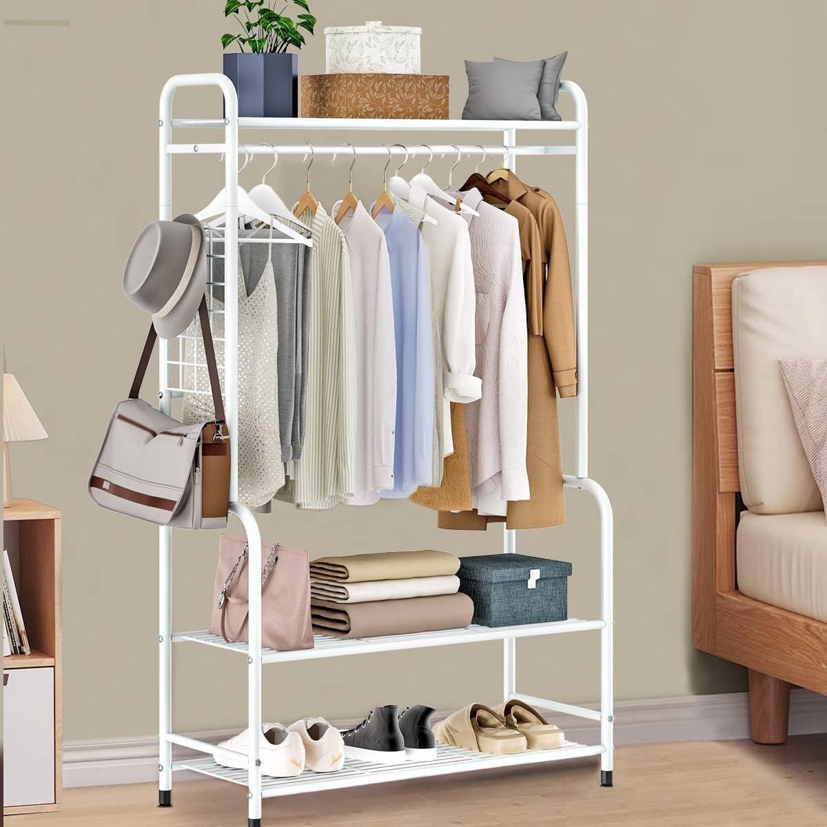 Majzya Coat Rack Stand with Shoe Rack White Clothes Rail Shoe Rack Free Standing Coat Stand with 2-Tier Shoe Storage Bench Metal Coat Stands for Hallway Bedroom Entryway, 75 * 40 * 168cm (White)