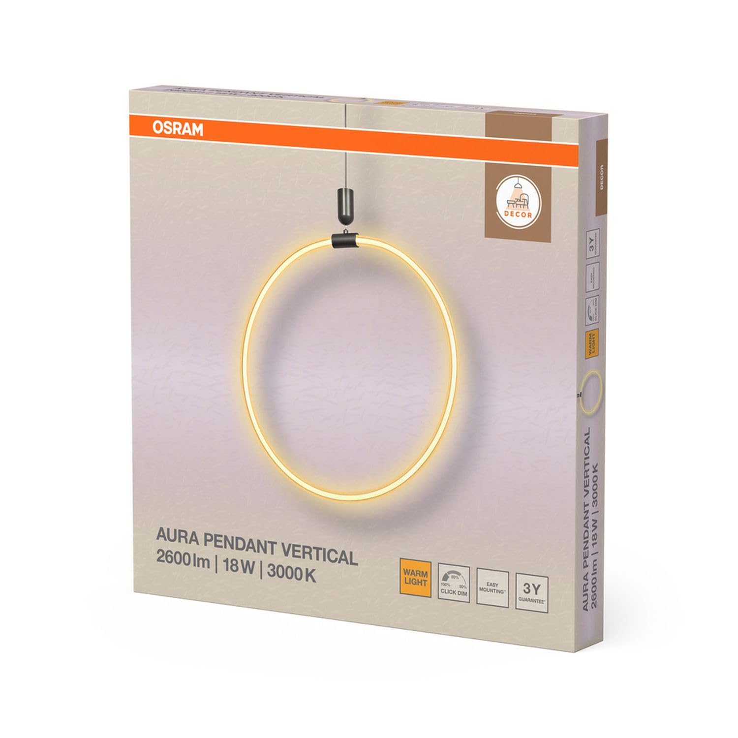 Osram Decor Aura - Lampada a sospensione Vert in policarbonato curvo con LED e design a filamento, 18 W, 2000 lm, 3000 K, 830 bianco caldo, dimmerabile, grigio scuro, plastica (PC), 498 mm, IP20