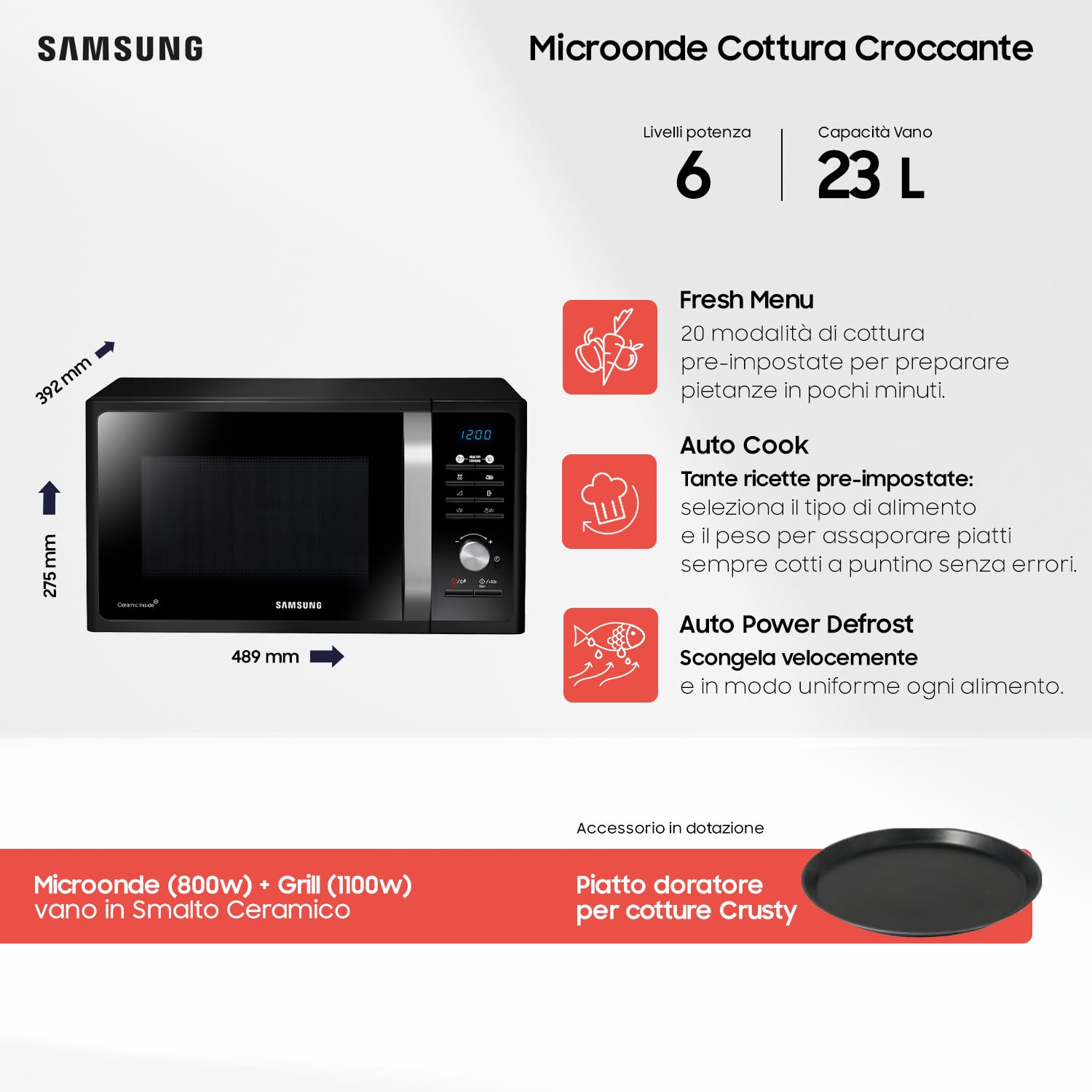 Samsung Forno a Microonde Grill a libera installazione Healthy Cooking MG2AF301TCK/ET, Piatto doratore, QuickDefrost, Microonde + Grill 800 W + 1100 W, 23 L, 49l x 27,5h x 39p cm, Nero