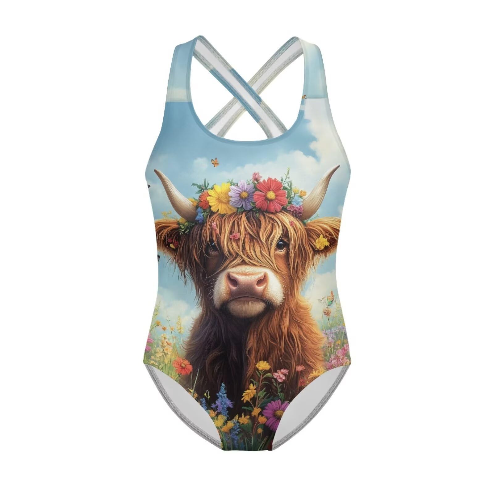 WELLFLYHOM Highland Cow Girls' One Piece Swimsuits 7-8 Cross Back Bathing Suits Sleeveless Workout Flower Swimsuit Athletic Beachwear for Outdoor Beach Swimming Pool