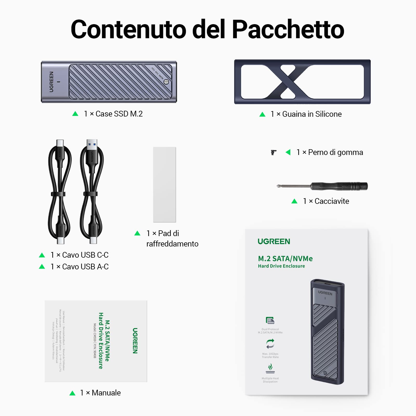 UGREEN Case SSD M.2 NVMe NGFF USB C 3.2 Gen 2, Enclosure Esterno Disco Rigido M/M&B Key 2280/2242/2230/2260, UASP TRIM 10Gbps Compatibile con 970 Evo Plus, Crucial P1,WD