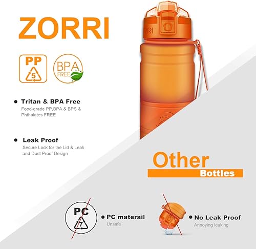 Miniatura 75 de Botella de agua deportiva Zorri, 13.5, 17, 23.6 onzas, sin BPA, a prueba de fugas, ligera, para exteriores, campamento, ciclismo, fitness, gimnasio