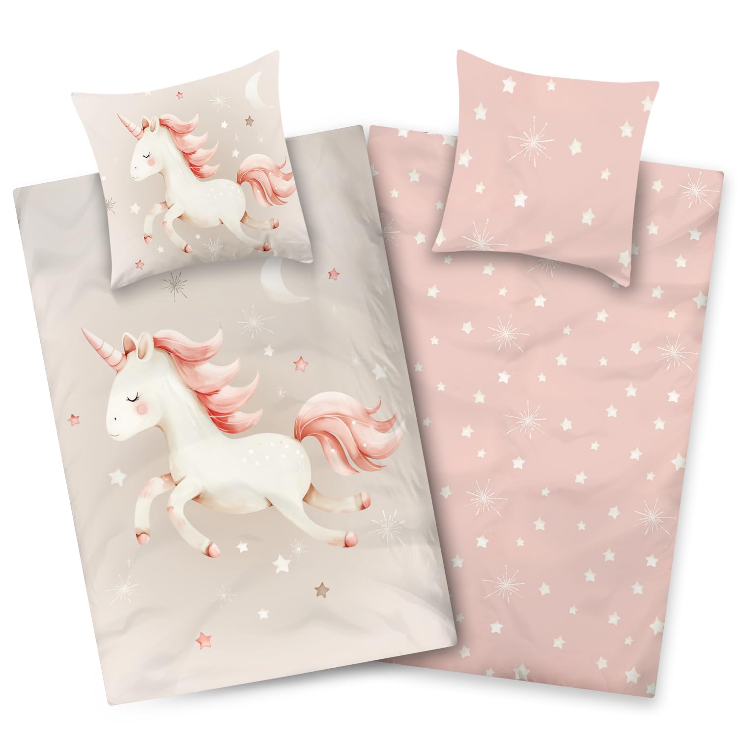 Aminata kids Bettwäsche 135x200 Mädchen mit Einhorn Motiv aus 100% Baumwolle mit Reißverschluss - Kinder-Bettwäsche-Set Einhornbettwäsche rosa grau Sterne