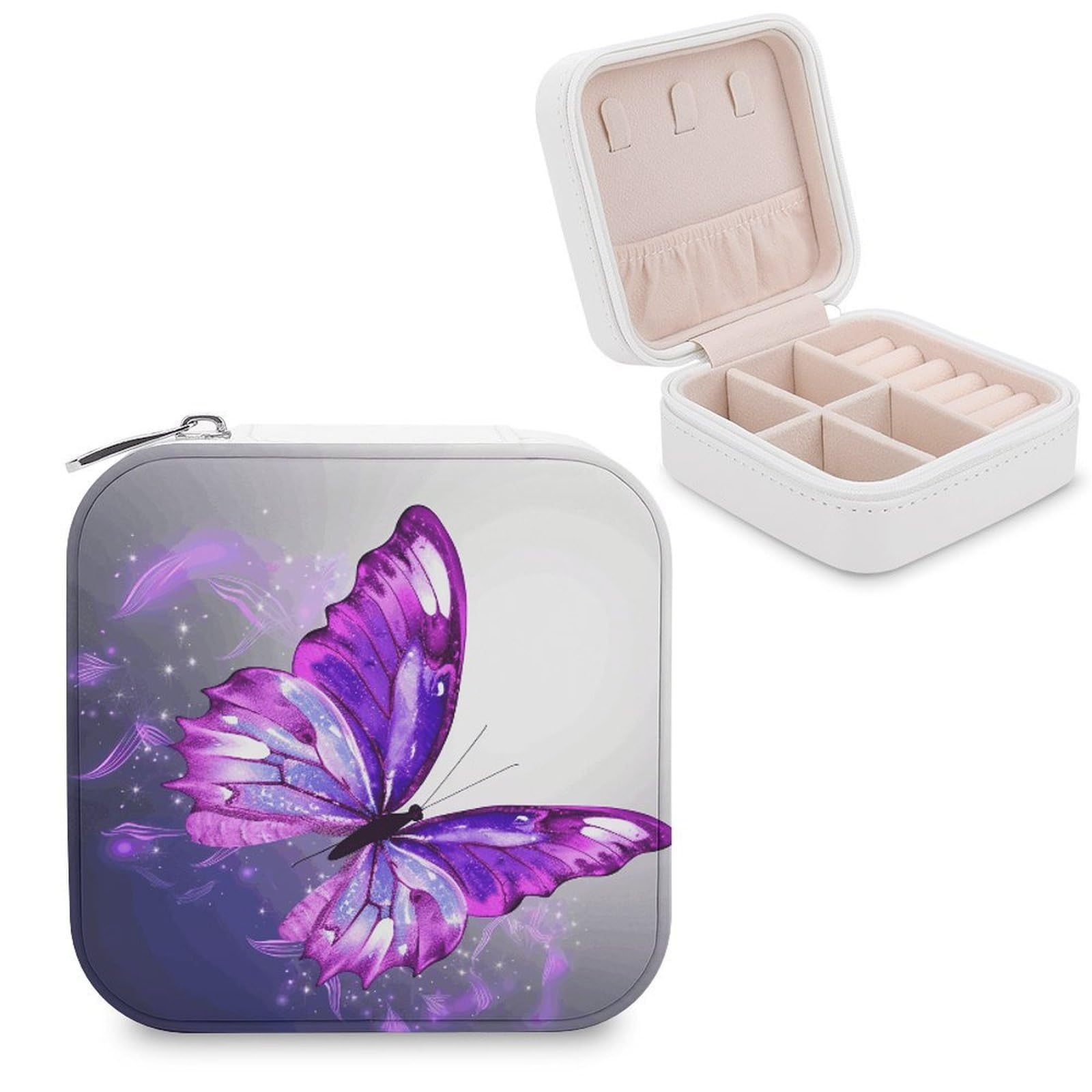 VstaDank Purple Butterfly Jewelry Box Exquisite Leather Jewelry Organizer Portable Trinket Organizer Fashion Travel Jewelry Case for Rings Earrings Necklaces Unique Gifts for Women