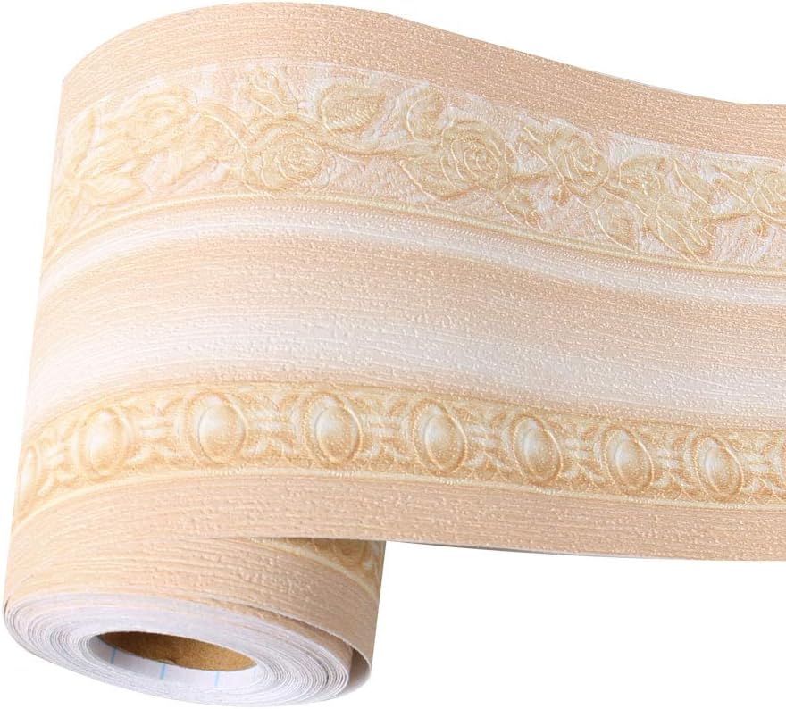 uxcell 3D Wall Paper Border Self Stick Wall Covering PVC Floor Borders for Kitchen Bathroom Bedroom Wall Decor Paper European Pattern Beige 3.94 Inch By 16.4 Feet