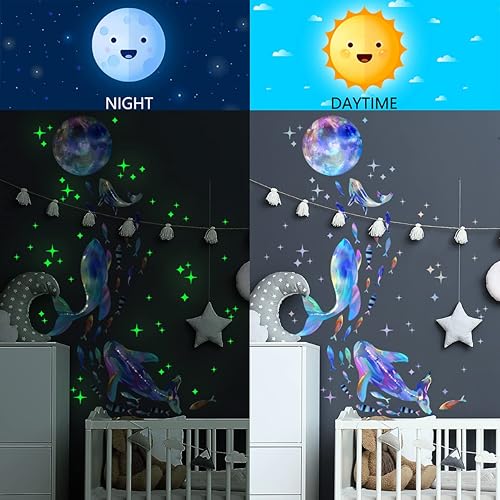 Miniatura 5 de WOHAHA Calcomanías de pared que brillan en la oscuridad del océano deslumbrante ballena, pez estrella, decoración de la habitación del bebé,