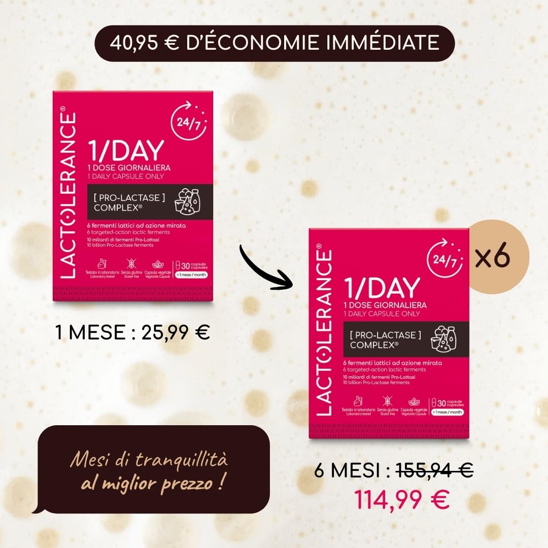 LACTOLERANCE 1/DAY Probiotici Precursori di Lattasi, 24h, 90 Capsule | 1 sola assunzione al giorno, protezione continua 24 ore su 24, fermenti lattici, confezione 3 mesi