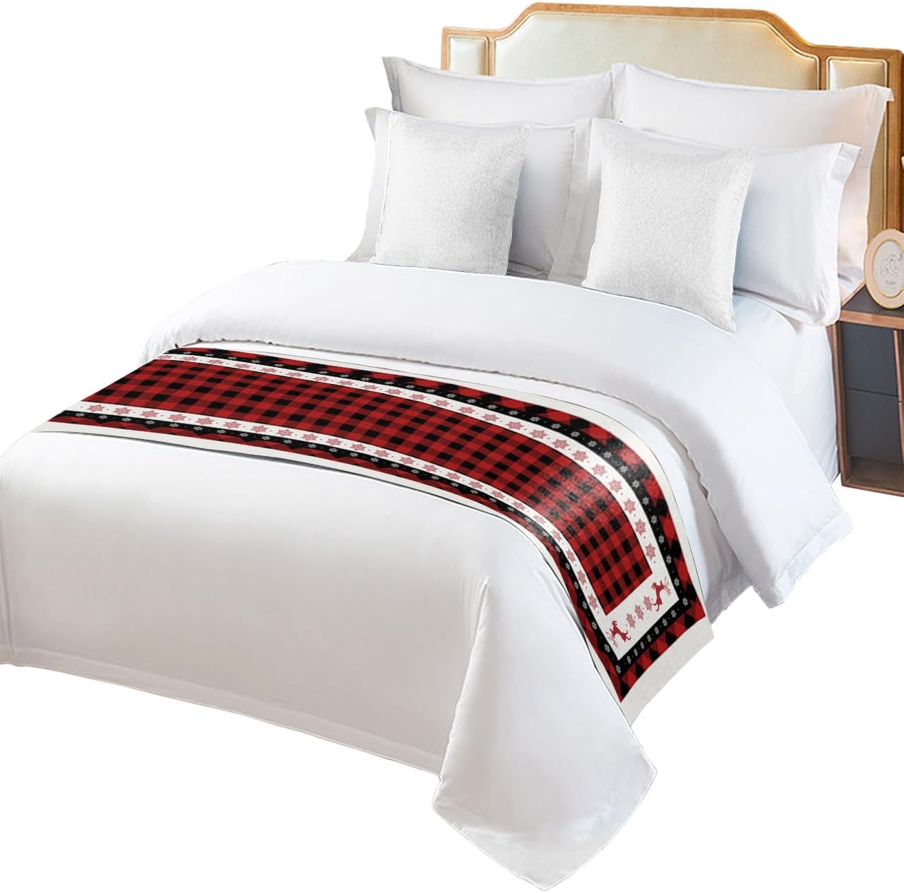 Teamery Bed Runners & Scarves, Christmas Red Black Lattice Snowflake Border Bed Runner, Bed Scarf Protector Decorative Accent Bedding Scarf for Hotels Homes and Guestrooms, 102 x 20 inches