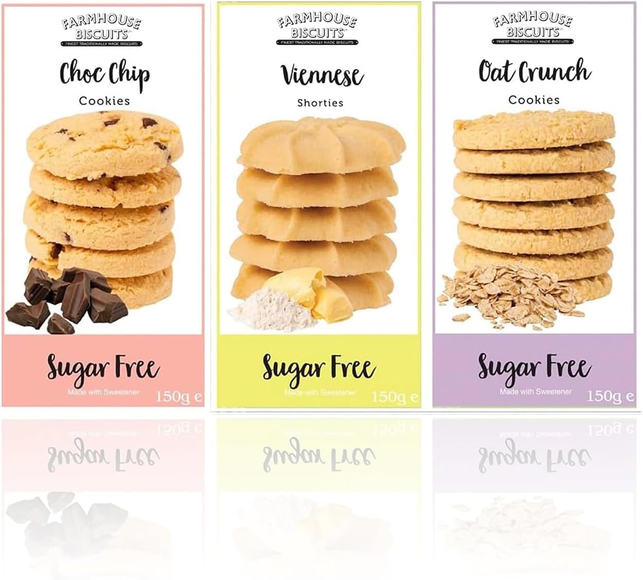 Farmhouse Sugar Free Multipack Cookies | Pack of 3 Biscuits Bundle | Available for Gifts & Hampers | Diabetic Friendly Biscuits for Friends & Family | Chocolate Chip, Viennese Shorties, Oat Crunch