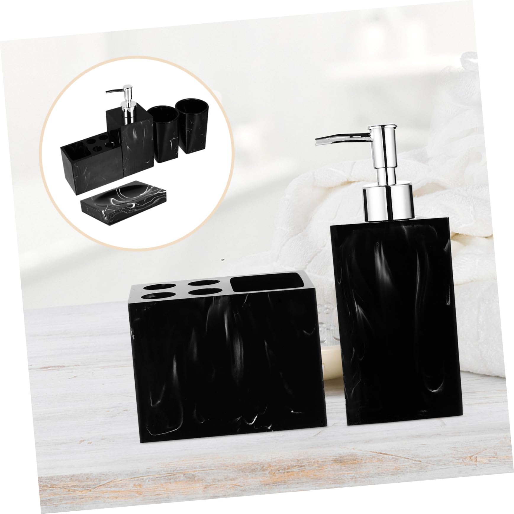 Cabilock Conjunto de Accesorios de Baño de Resina Negra Jaspeada de 5 Piezas Soporte para Cepillos de Dientes y Jabonera Práctico y Cómodo para Baño Moderno