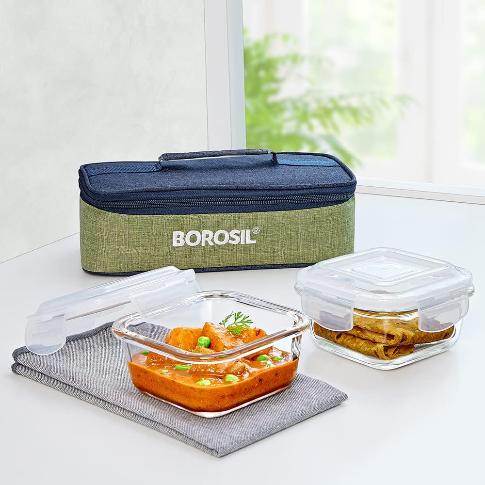 Borosil Ace Series Lunchbox with Bag | 2pc Square Container Set (320ml Each) | Made in India Borosilicate Glass Tiffin | Microwave & Dishwasher Safe Lunch Box for Office, College & School