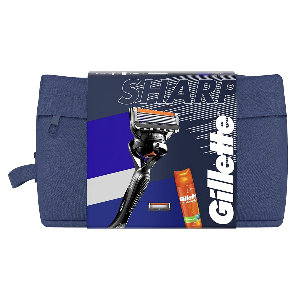 Gillette ProGlide Coffret Rasoir Homme + 1 Recharge Lames + Fusion5 Gel Rasage Peaux Sensibles 200 ml + Protège-Lames Voyage + Trousse Voyage