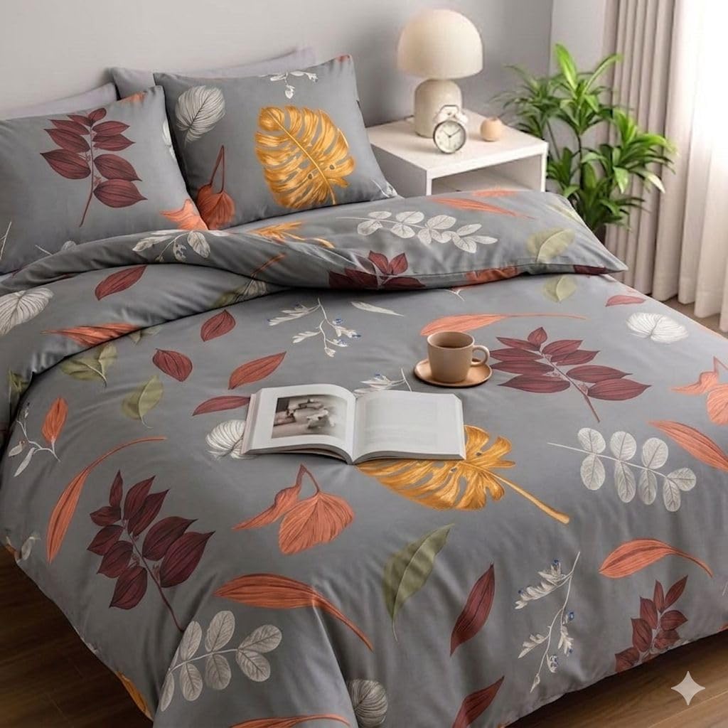 Floral Duvet Cover Set Double Bed 4 Piece, Soft Microfiber Bedding Set with Pillowcases & Fitted Sheet, Breathable Quilt Cover, Modern Flower Double Duvet Set UK (Maple Leaves, Single)