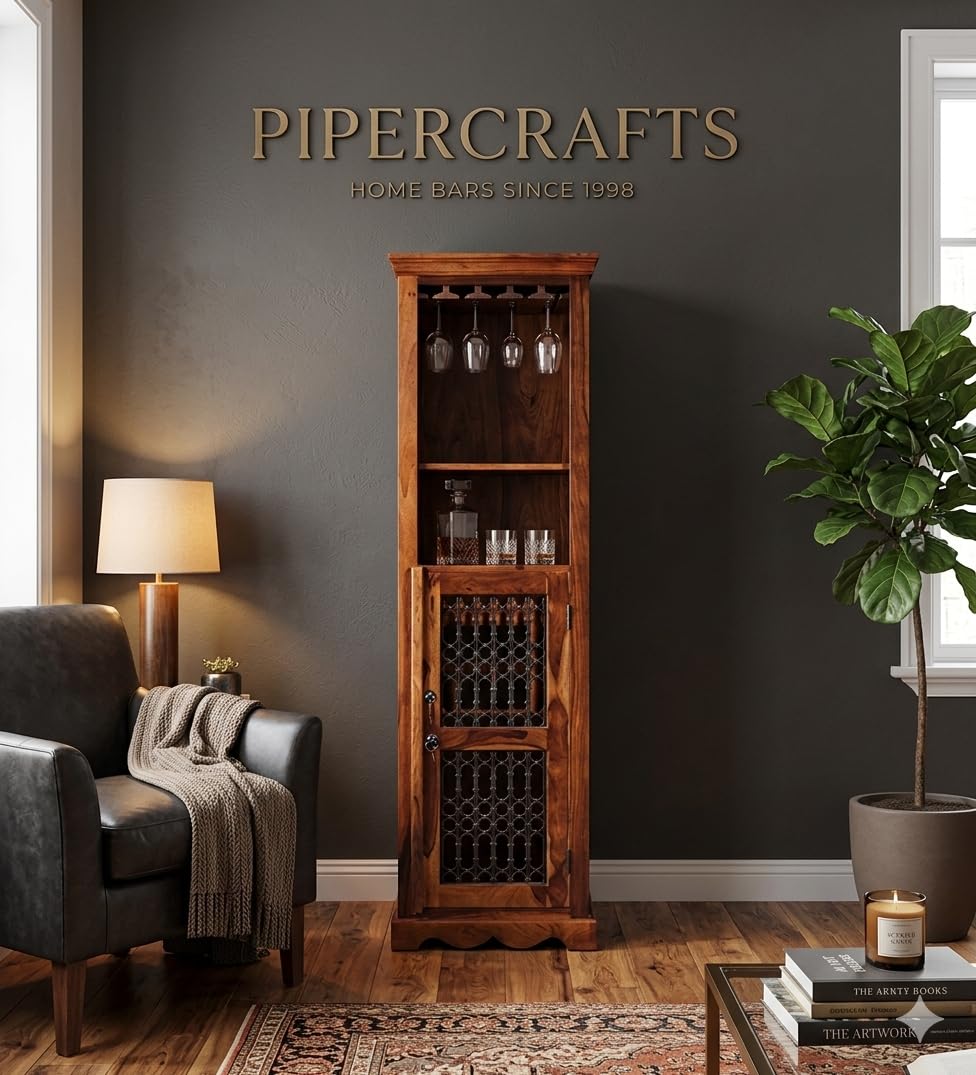 PIPERCRAFTS Sheesham Wood Bar Cabinet - with Glass - Already Assembled - Rack for Hard and Soft Drinks - Solid Sheesham Wood Bar Cabinets| Wine Wisky Scotch All Type Drinks - Natural Finish-picture-22