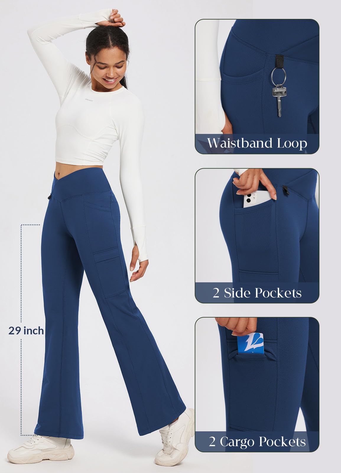 baleaf Pantalon Thermique pour Femme avec Poches randonnée, imperméable Coupe Bootcut Chaud d'hiver Cardamome Bleu Manche S