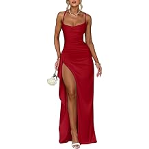 Women's Satin Cowl Neck Maxi Dress High Slit Formal Evening Gown Ruched Bodycon Prom Party Wedding Guest Dress
