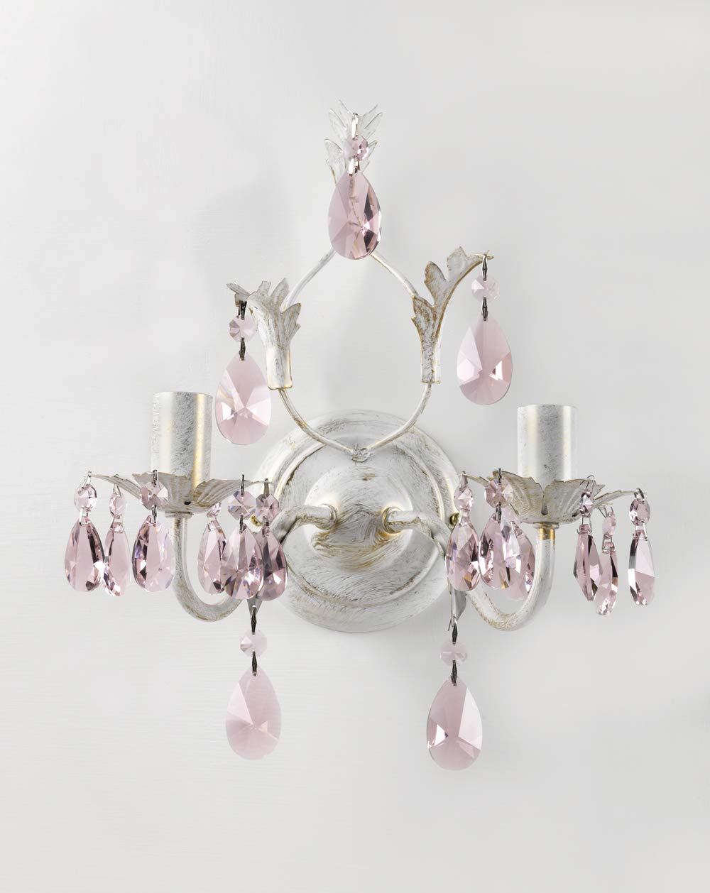 onli Kate aplique, lámpara de pared de metal spennellato Oro y gotas de cristal, marfil y rosa