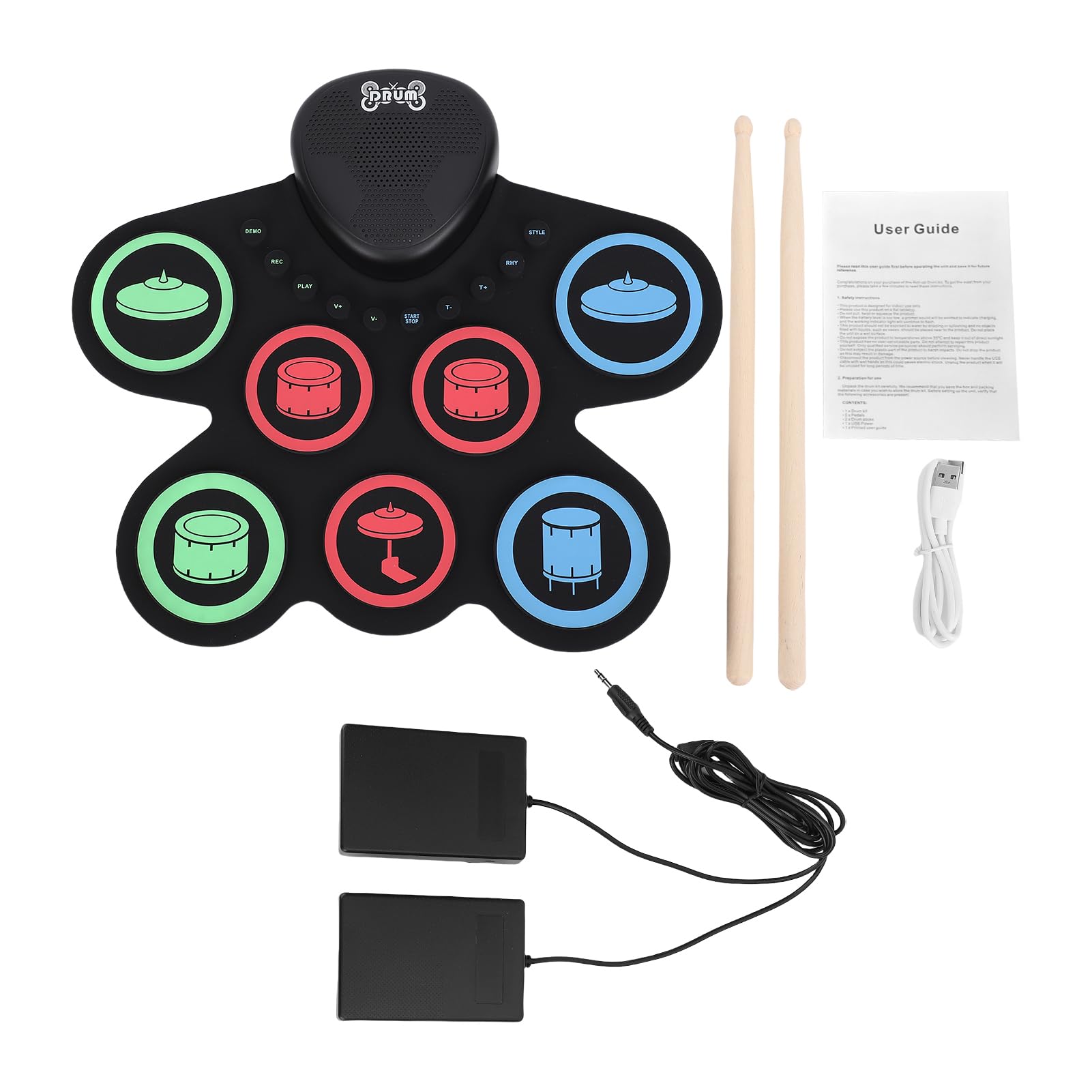 Batería Electrónica con Doble Altavoz, Pad Enrollable, 7 Pads, Kit de Práctica, Recargable, Baquetas, Pedal, para Principiantes, 37,1 X 34,5 cm.