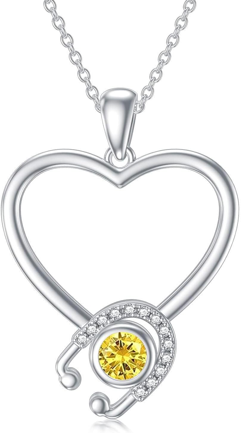 OCJ 925 Sterling Silver Nurse Heart Necklace Stethoscope Necklac 12 Months Birthstone Graduation Gifts Medical Jewelry for Doctor Nurse Medical Student RN