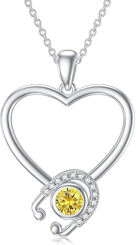S925 Sterling Silver Nurse Gifts Heart November Birthstone Stethoscope Citrine N