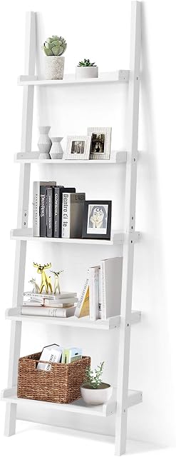 Multigot Ladder Display Shelf, Wooden Leaning Wall Rack, Home Office Industrial Storage Shelving Unit for Flower, Plant, Toy and Book (60 x 30 x 190cm, White)