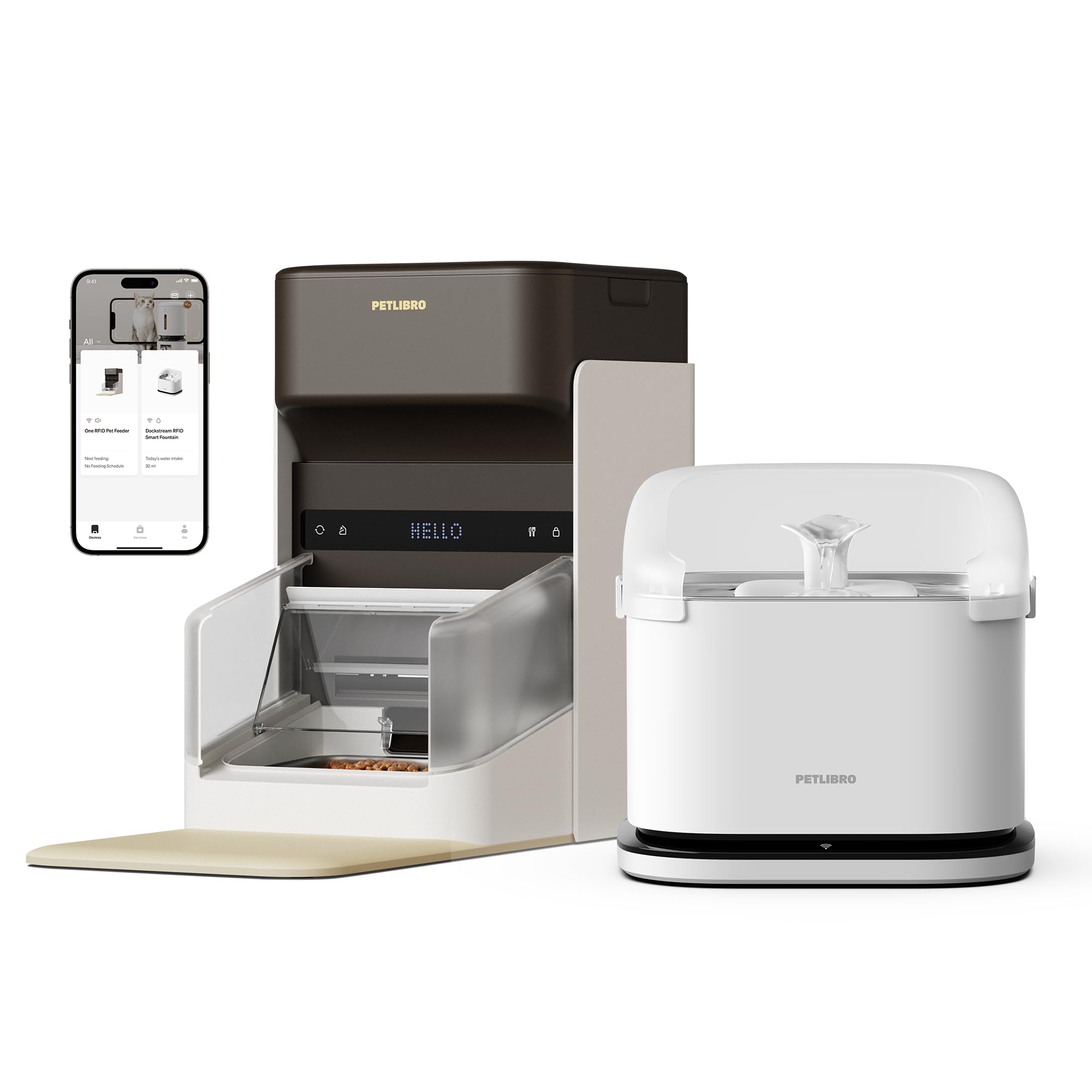 Bundle of PETLIBRO RFID Smart App Cat Water Fountain, 3L Dockstream Fountain with Collar Tag, 2.4G Wi-Fi + PETLIBRO RFID Automatic Cat Feeder, 5G Wi-Fi Automatic Feeder, 3L Feeder with Collar Tag,