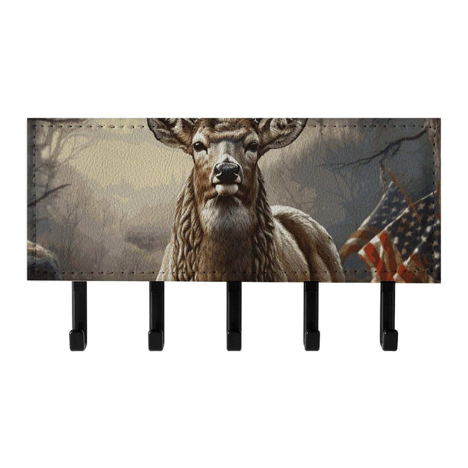 QMNLKH Deer Hunting Season Wall Mounted Key Rack for Home, No Drilling Key Holder with 5 Hooks, Self Adhesive Keys Chain Organizer for Hallway, Keys Hanger Shelf for Office, Doorway Black