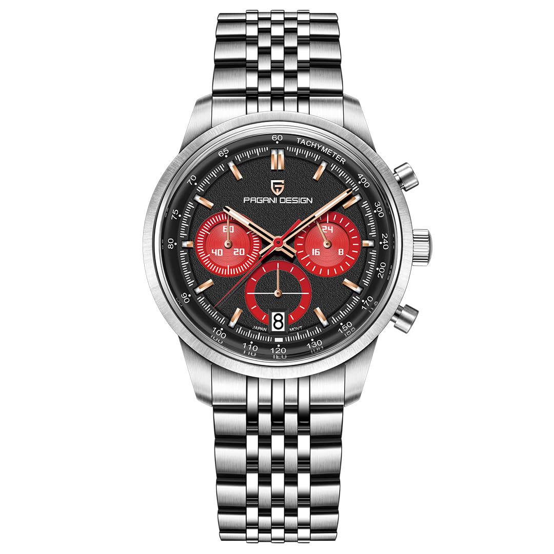 Pagani Design 1827 - Orologio cronografo da uomo, al quarzo, movimento giapponese VK63, cassa in acciaio inox, impermeabile fino a 100 m, quadrante luminoso, datario, sportivo, casual