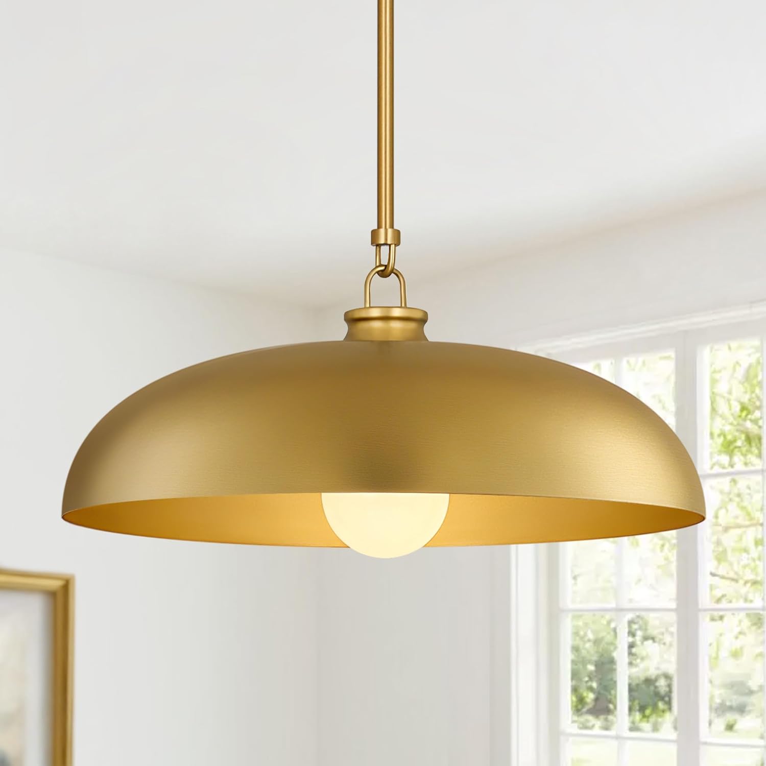 15.7 Inch Modern Pendant Lights Kitchen Island, 1-Light Brushed Gold Dome Pendant Ceiling Light All Metal, Contemporary Single Hanging Lighting Fixtures for Dining Room Over Table Sink Hall