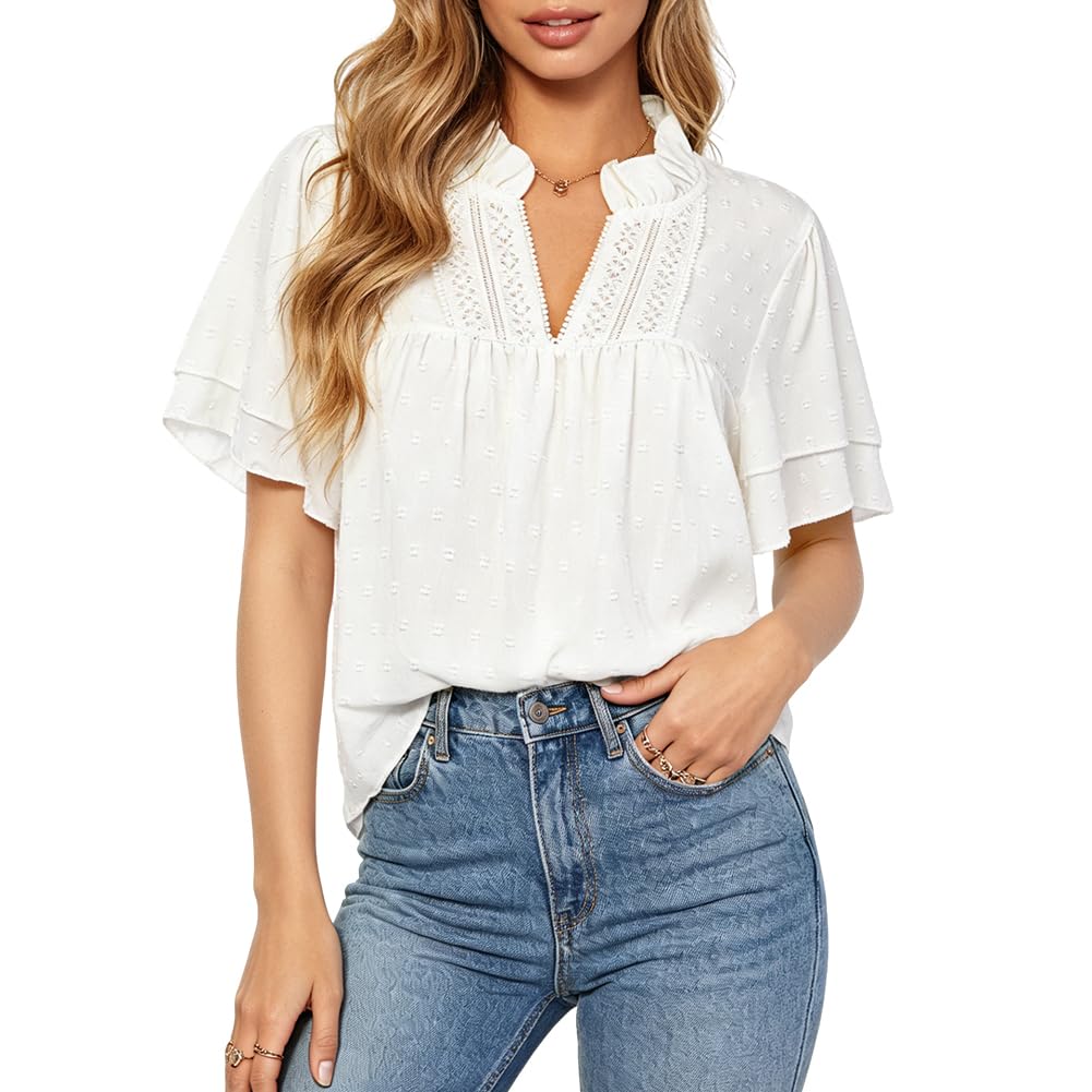 Boho zwiewne bluzki damskie z długim rękawem dekolt w serek elegancka koronkowa bluzka z falbankami do noszenia na co dzień przez cały sezon, damskie bluzki do legginsów koszulki na co dzień