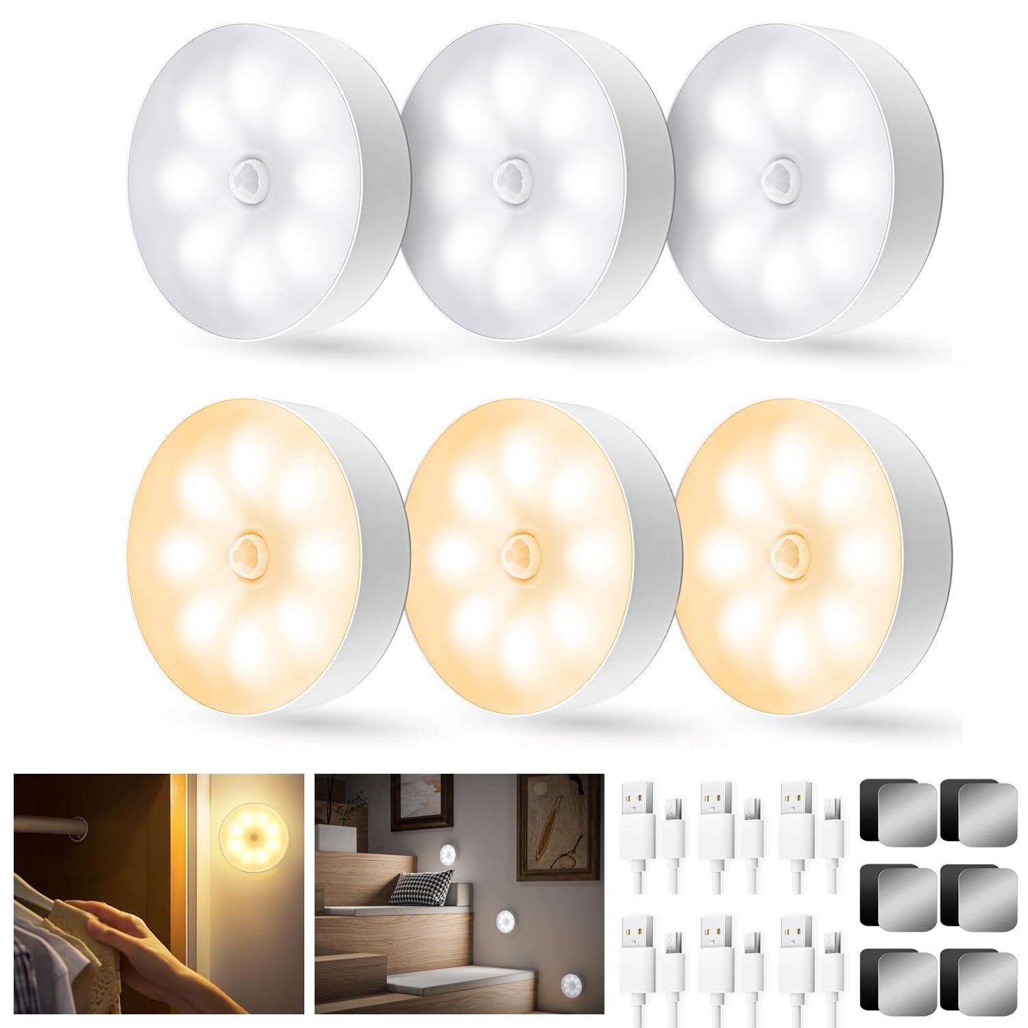 Motion Sensor Lights Indoor, 6 Pack Wireless LED Rechargeable Movement Sensor Lights, USB Charging Night Light Warm/Cool White, Magnetic Sensor Lights for Stair, Wardrobe, Cabinet, Cupboard, Hallway