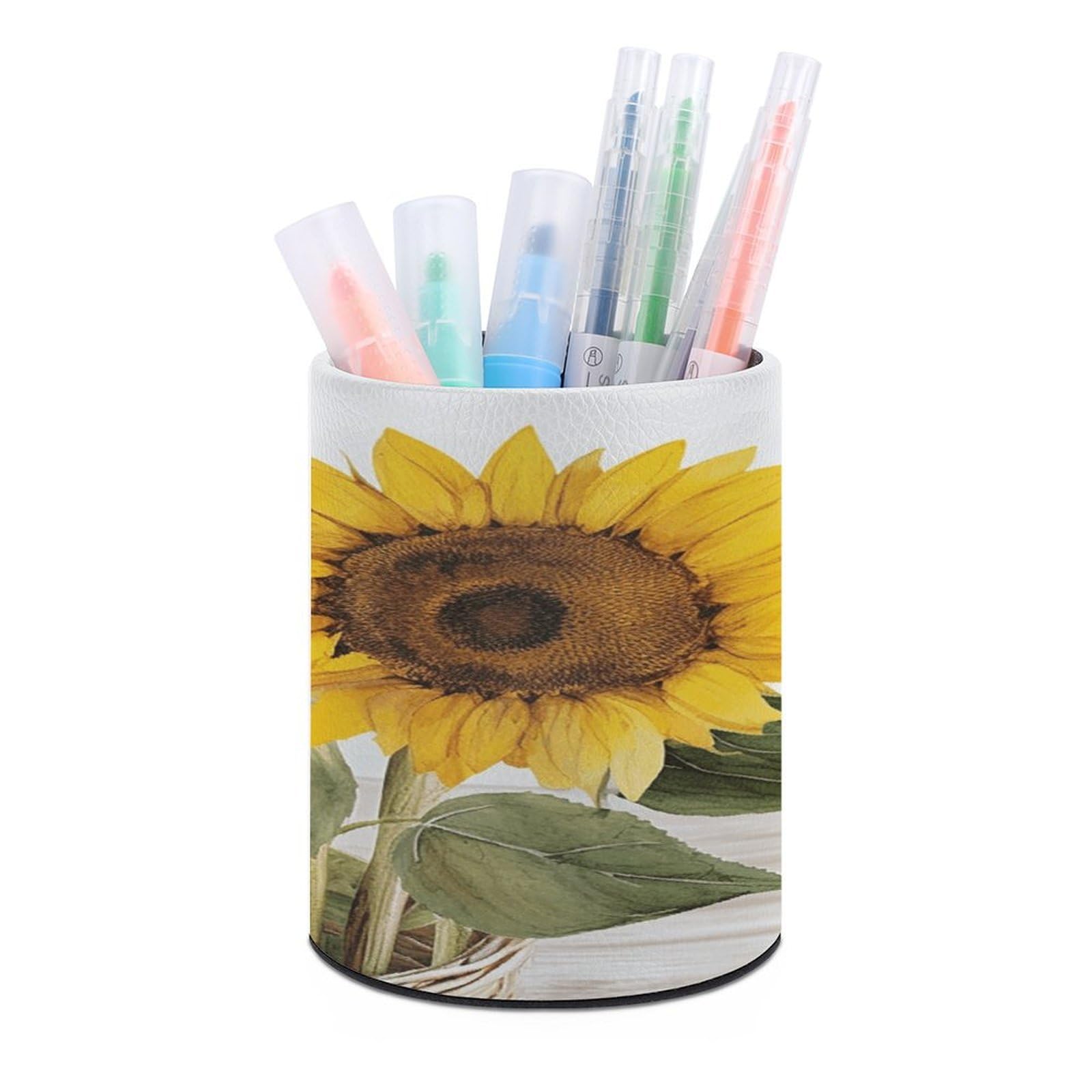 VstaDank - Round Pen Holder Summer Sunflower Pattern PU Leather Desk Organizer Stand for Desk Desk Office Home Decor (3.1 x
