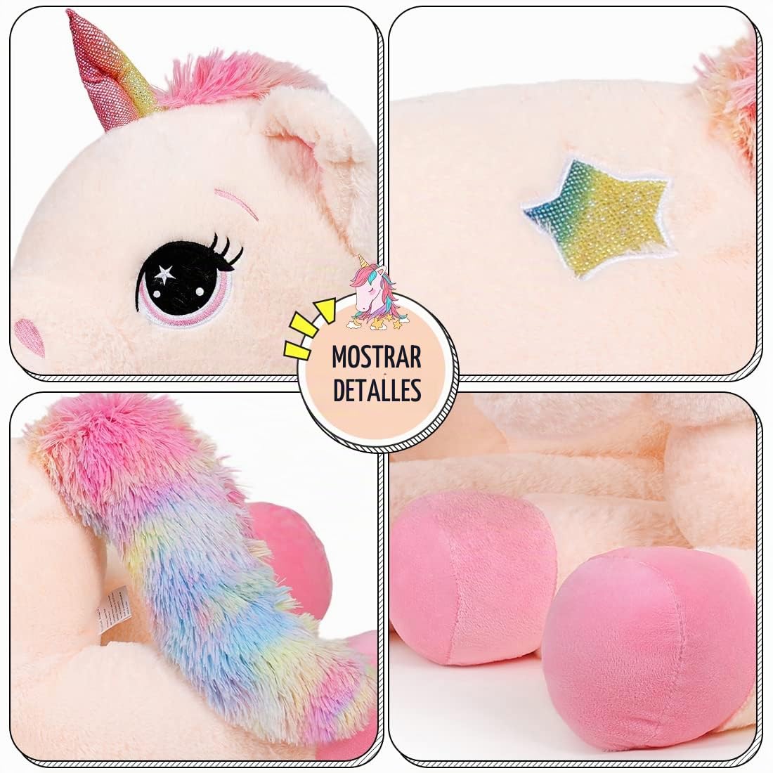 Sasusudols Unicornio Gigante de Peluche para Niñas - 110 cm, Peluche, Regalo Ideal para Cumpleaños, Navidad y Día de San Valentín, Color Crema