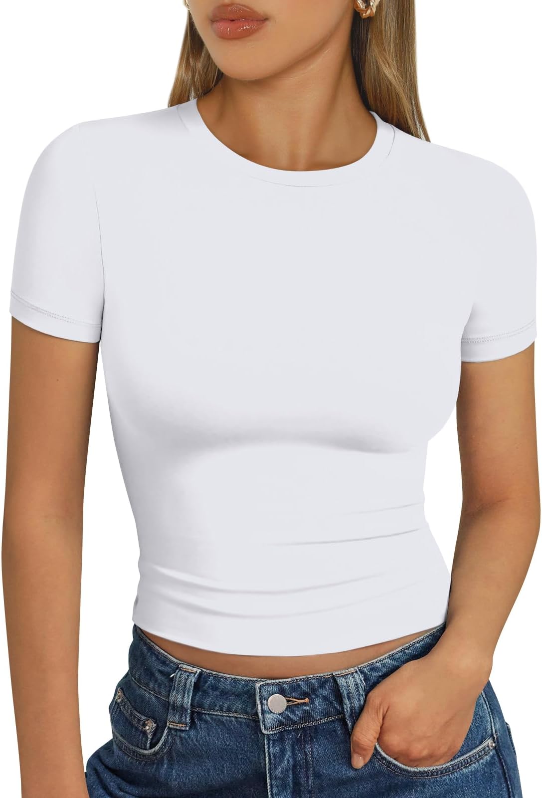 Trendy Queen Womens Basic T-Shirts Scoop Neck Short Sleeve Crop Tops Cute Summer Tops Slim Fit Tees Y2k Clothing