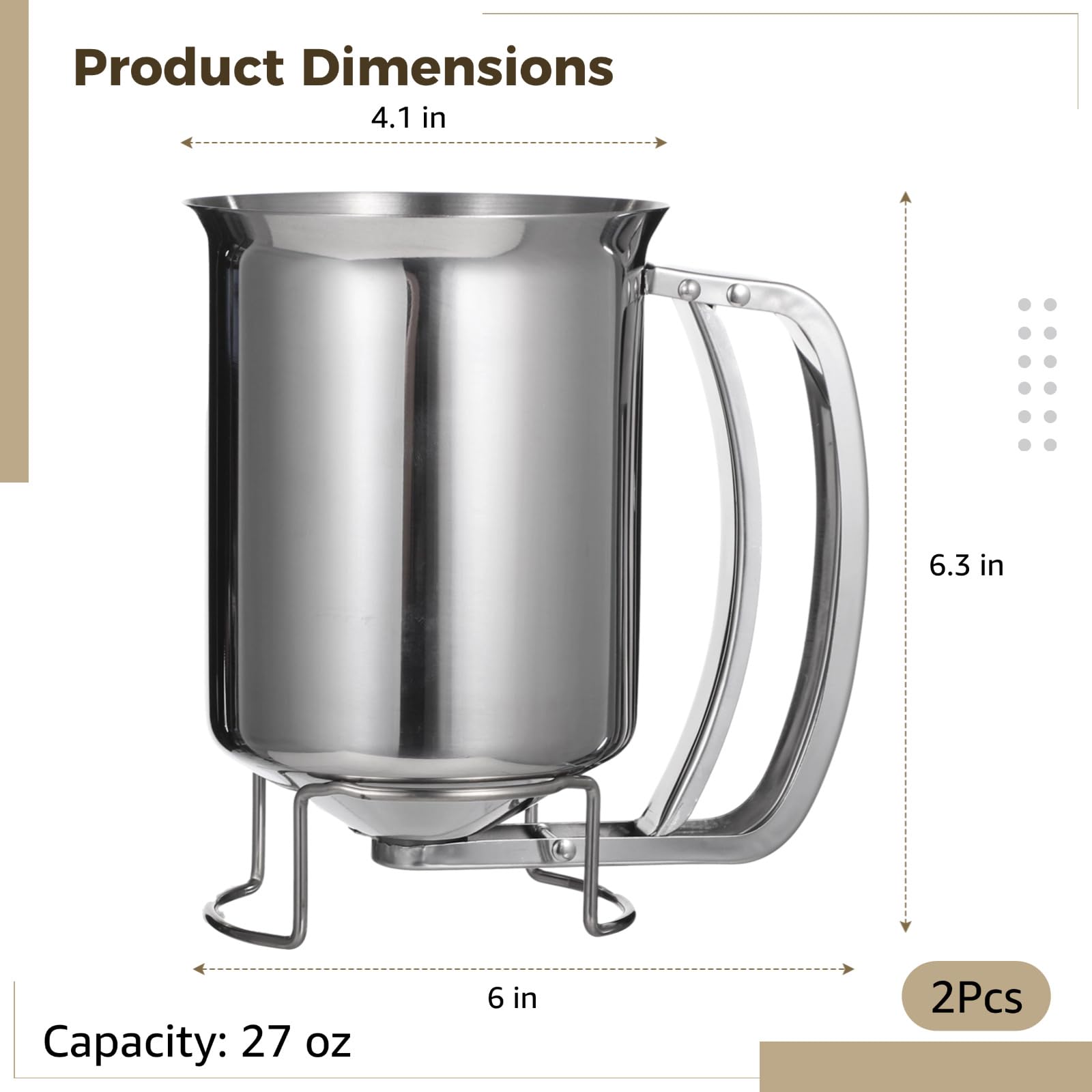 2 dispensadores de masa de acero inoxidable, recipiente dispensador de masa de panqueques de 27 onzas con asa, dispensador manual de mezcla de cupcakes para cocinar, hornear, hacer velas, cocina y uso 4
