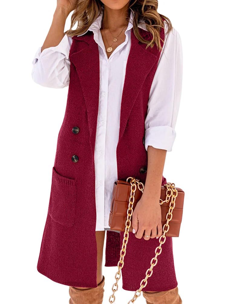 Kinghua Sweater Vest Women Fall Winter Clothes V Neck Button Down Knit Sleeveless Long Cardigan Sweaters with Pockets