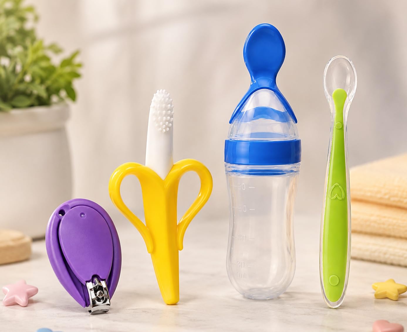 4-in-1 Baby Feeding & Grooming Essential Set – Includes Silicone Squeeze Feeder Bottle, Banana Teether Toothbrush, Soft-Tip Feeding Spoon, and Safety Nail Clipper – BPA-Free Newborn Essential Kit-image-5
