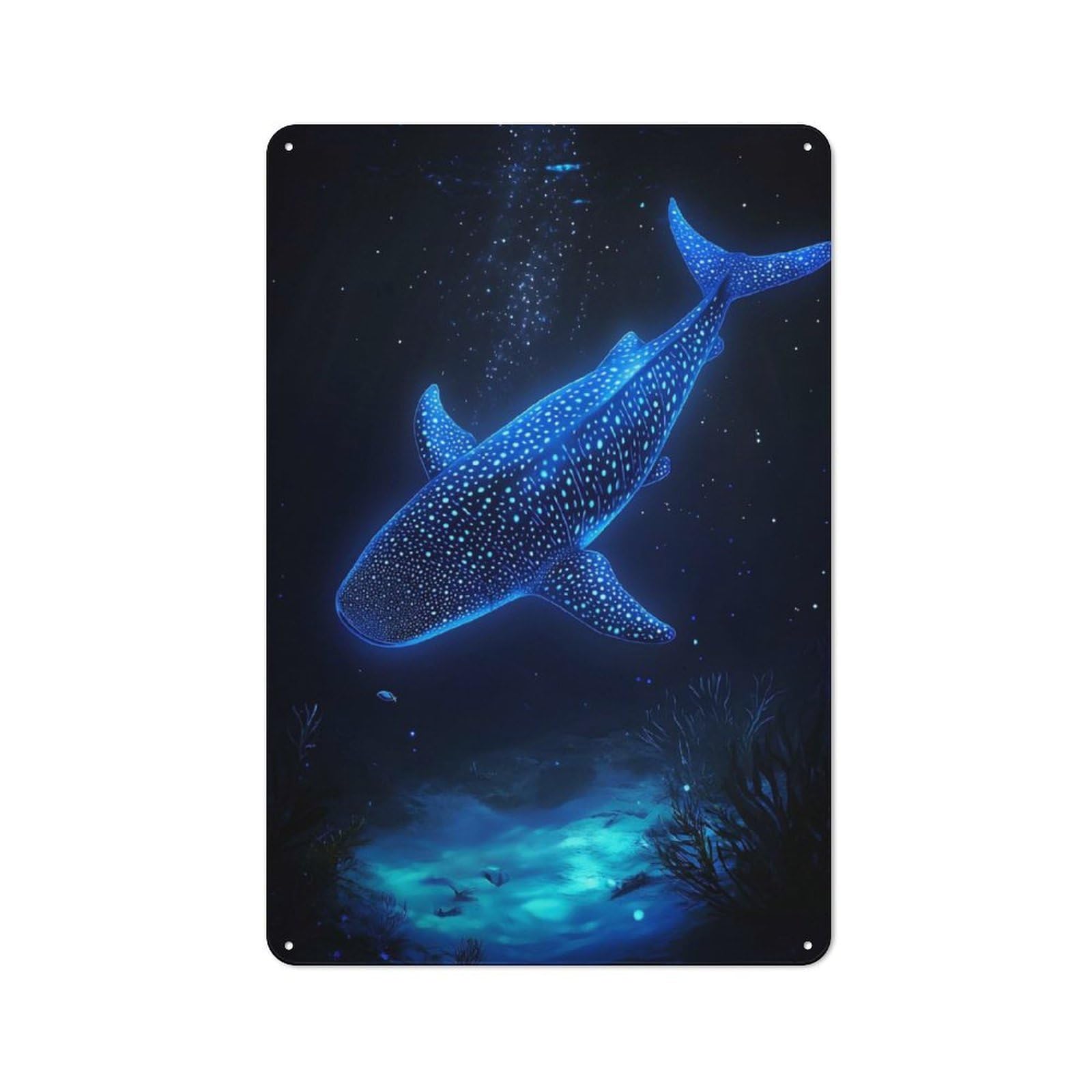 Glowing Whale Shark in Deep Blue Sea Metal Wall Sign 30x20cm, Loft Style Urban Room Decor for Flat, Bar, Studio Or Gallery Wall