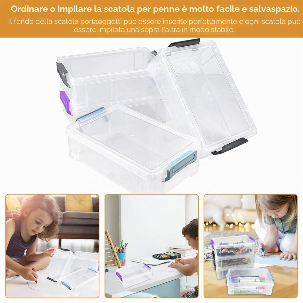 LANSKYLAN Set di 4 astucci per matite in plastica, impilabili, scatole per matite da scrivania, scatole organizer per pennelli, forniture scolastiche, ufficio (21 x 14 x 7 cm)