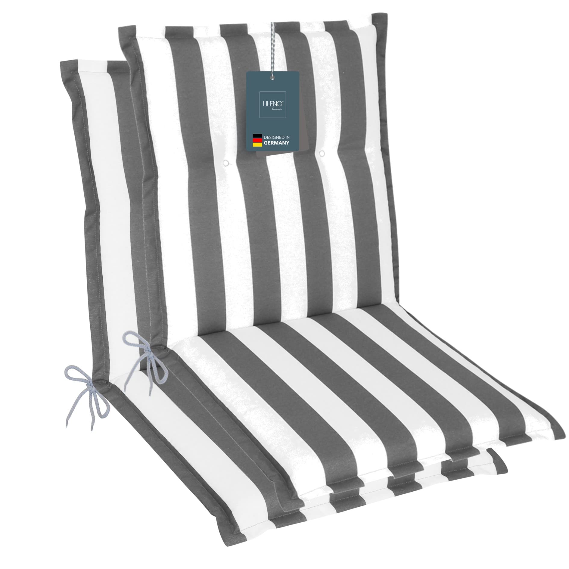 LILENO HOME Gartenstuhl Auflagen als [2er Set - Niedriglehner] in Blockstreifen Grau - Bequeme Liegen als Sitzauflagen für Gartenmöbel - Stuhlkissen für Gartenstühle und Klappstühle