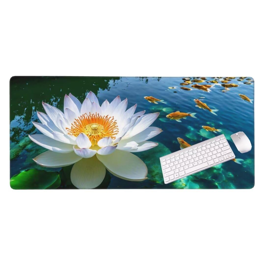 Alfombrilla de ratón 1400x600x3 MM, Alfombrilla Ratón XXL Extendida de Gran Tamaño con Bordes Cosidos, Base de Goma Antideslizante Almohadilla para Teclado, Estanque de Loto S-7943
